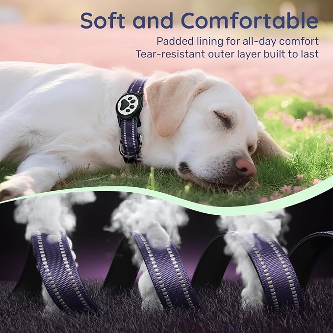 Premium Airtag Dog Collar，with IP68 Waterproof AirTag Holder,Purple,XS | Soft,Breathable,Nylon Padded,Reflective,Ultra-Durable Buckle,Adjustable,Comfortable for Small Medium Large Dogs