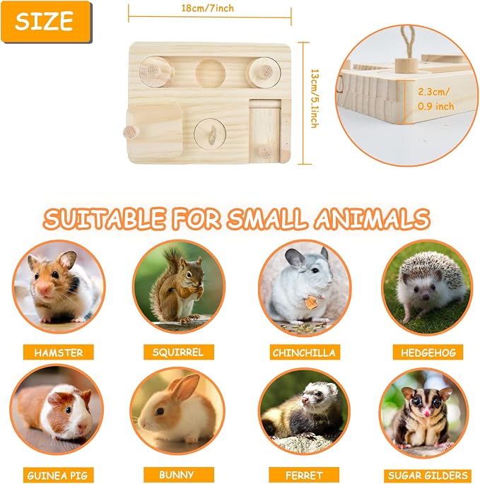 Wooden Rat Foraging Toy 7"x 5.1" Boredom Breaker Rabbit Enrichment Toys Interactive Treat Dispenser for Guinea Pig,Rabbit,Bunny,Hamster,Hedgehog, Chinchilla, Mouse,Rats,Sugar Gilders