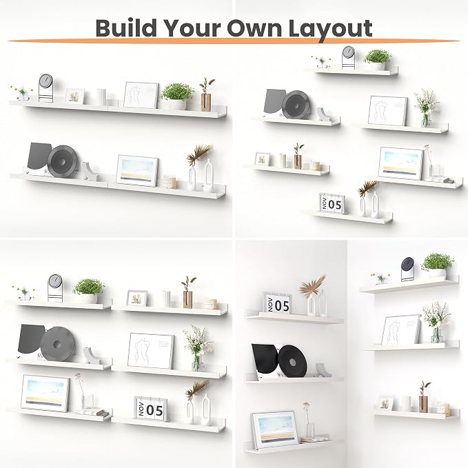 upsimples Floating Shelves for Wall Decor and Storage, White, 6Pcs 23.6'' | Wall Mounted Wood Shelves for Living Room, Bedroom, Bathroom, Kitchen, Office, Nursery Room, Coffee Bar Display and Organize
