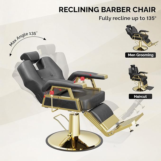 OmySalon Classic Barber Chair with 2 Hand Levers, Reclining Salon Chair for Hair Stylist All Purpose Heavy Duty, Adjustable Headrest, Tattoo Barbershop Beauty Spa Equipment, Black & Gold