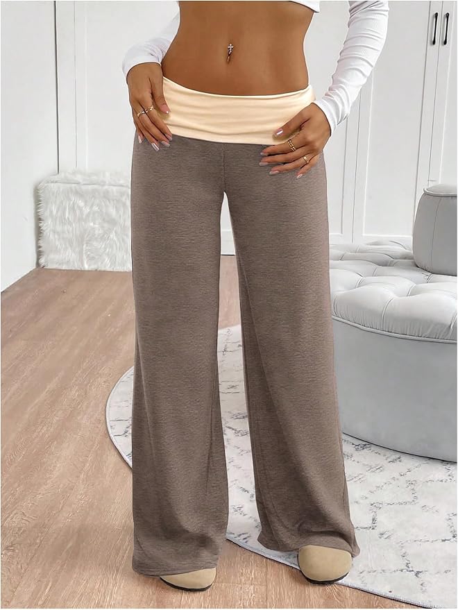 SOLY HUX Women's Sweatpants Color Block Low Rise Fold Over Waist Baggy Wide Leg Pants