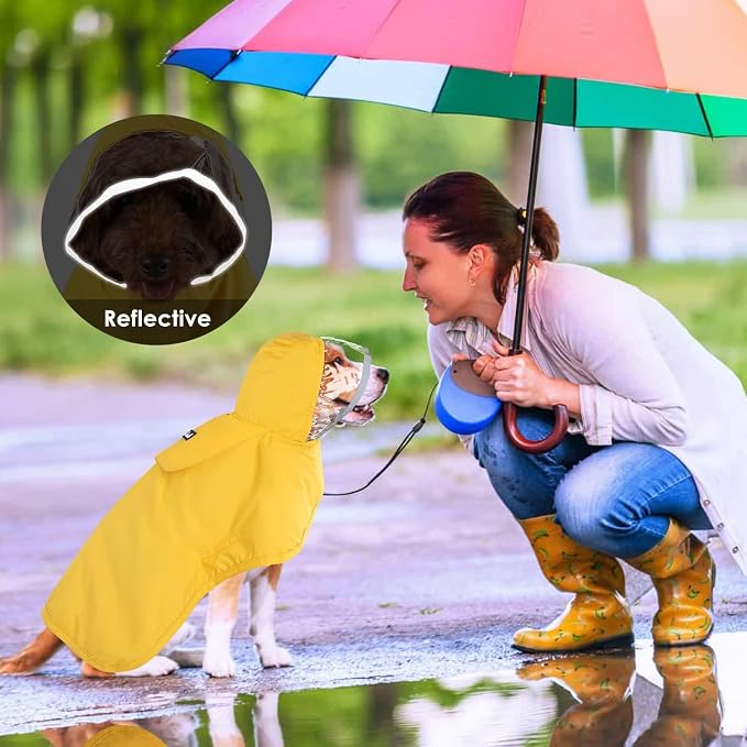 Lukovee Dog Raincoat, Waterproof Rain Jacket, Clear Hood & Reflective Rim | Easy On Off Adjustable Straps, Leash Hole, Soft Mesh Lining, Storage Pocket, Poncho for Small Medium Large Dogs (Yellow,M)