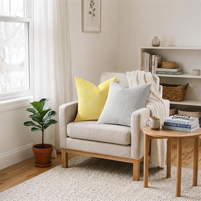 Mecatny Corduroy Throw Pillow Covers 22x22 Set of 2 Sundress Yellow | Soft Striped Texture, Hidden Zipper Design, Neutral Boho Square Pillow Cases for Sofa Couch Living Room Bedroom, Home Décor