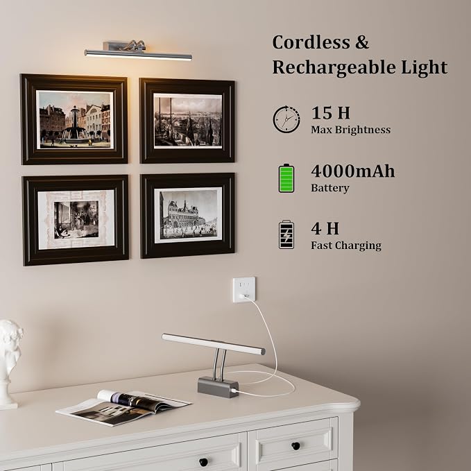 Battery Operated Picture Light for Wall, Grey, 13.8", Remote Control | 4000mAh Cordless,Grey Wall Light, Magnetic for Easy to Charge,Timers, Display for Gallery Living Room Bedroom