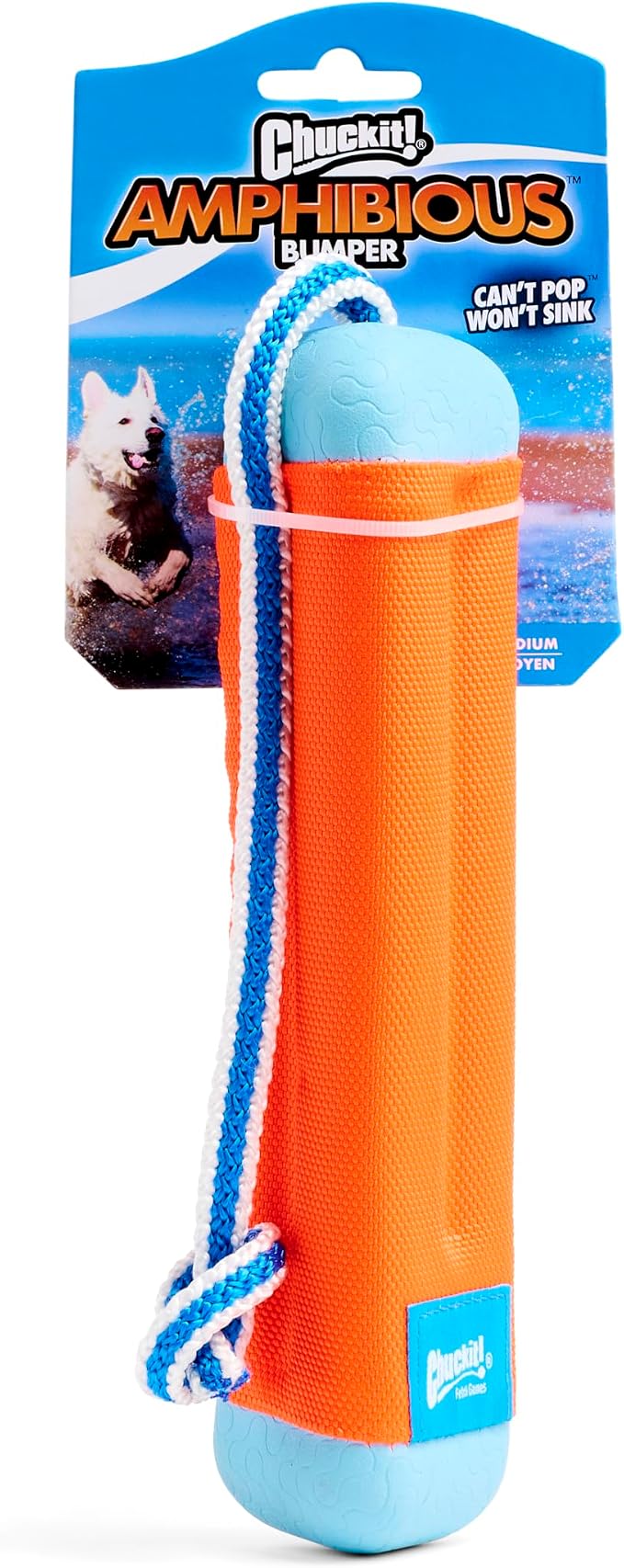 Chuckit! Amphibious Bumper Fetch Stick Toy for Dogs-Floats in Water-Interactive Dog Toys to Keep Them Busy-Tough Rubber,Nylon & Foam - Non-Slip Rope Handle - Assorted Colors, Medium (Pack of 12)