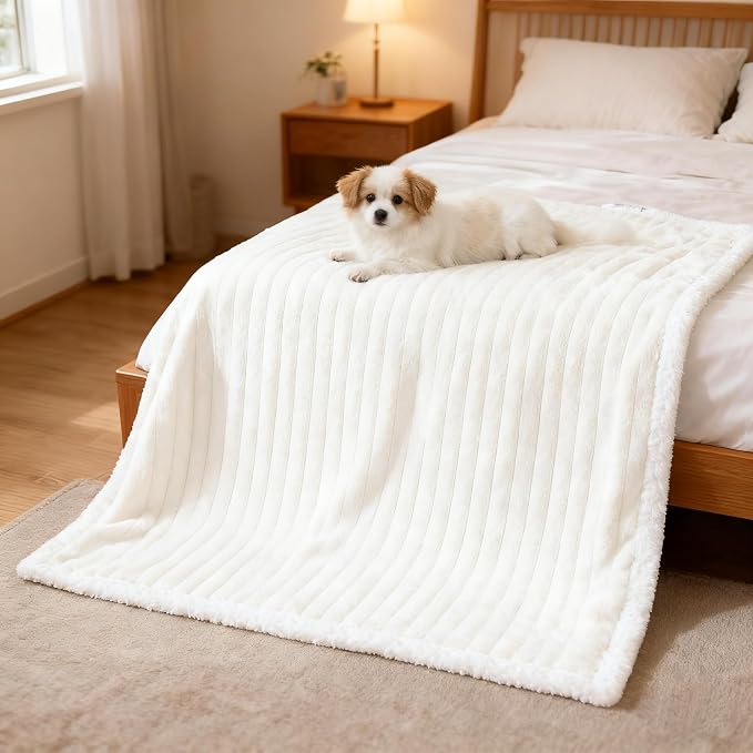 Waterproof Dog Blanket Cream 35x25 in | Soft Pet Cat Blanket Cozy Calming Sherpa Corduroy Fleece Reversible Furniture Bed Protector for Small Dogs Machine Washable