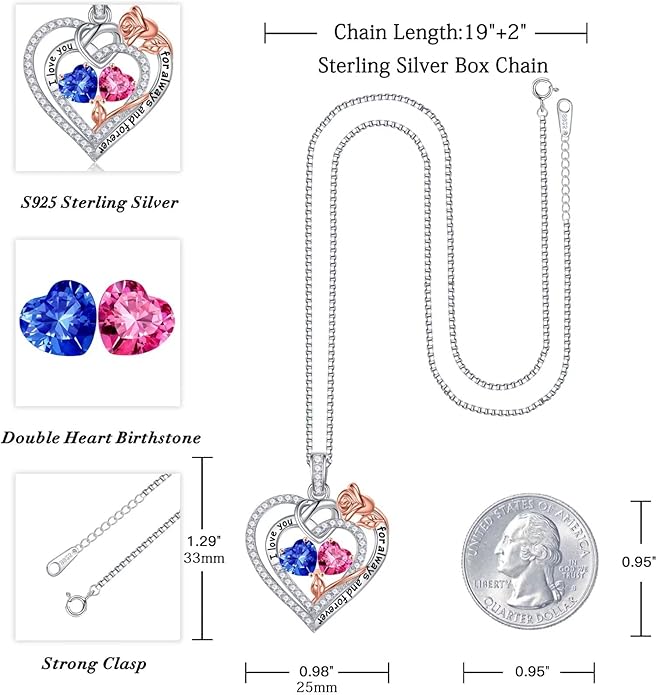Iefil Valentines Day Gifts for Her Wife - 925 Sterling Silver Double Birthstone Necklace, Anniversary Birthday Gifts for Women, Jewelry Gift for Wife Girlfriend Mom Her