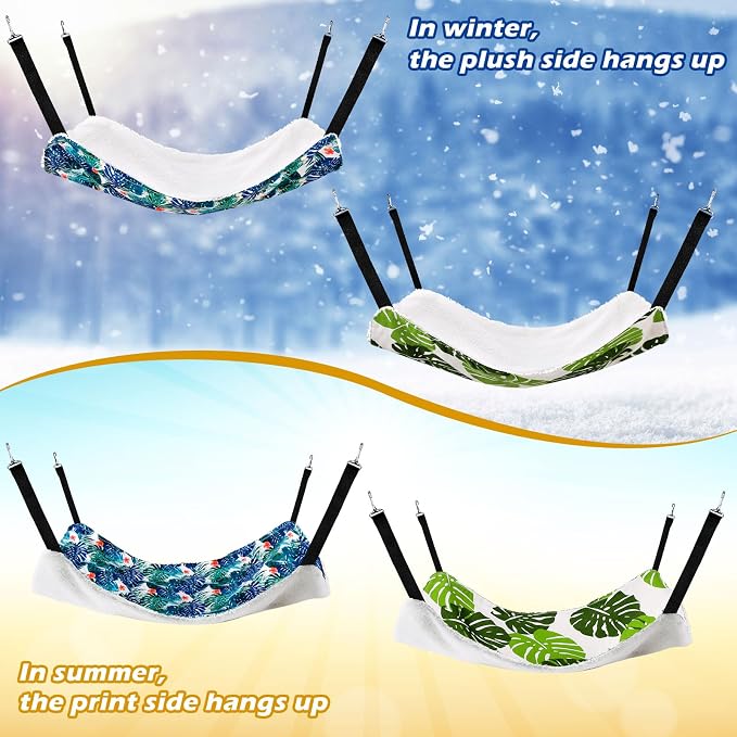 Jetec 2 Pack Cat Hammock for Cage, Monstera Leaf, L | Catio Accessories, Reversible Soft Cats Bed, Adjustable Straps and Hooks, Double-sided Linen, Fleece Hanging Hammock for Cats