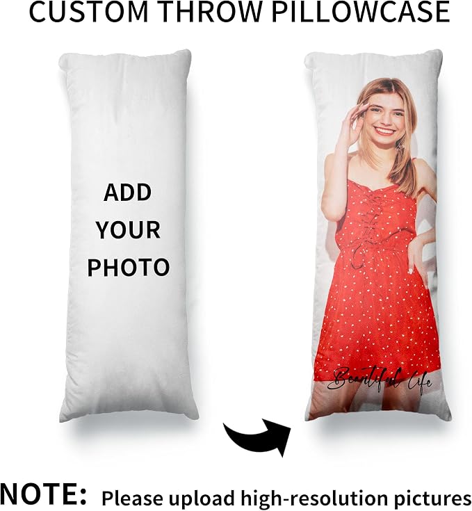 Easycosy Custom Body Pillow with Picture & Text 20"x54", Two-Sides Photo Pillowcase, Personalized Soft Skin-Friendly Long Pillow Cover with Photo, Custom Love Keepsake Gifts (No Pillow Insert)