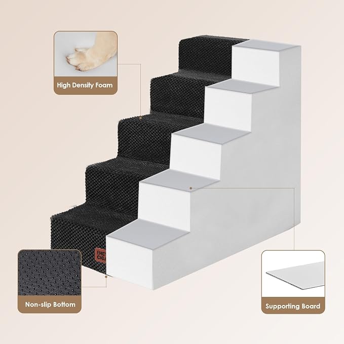 EHEYCIGA Dog Stairs for High Bed 22.5" H, 5-Step Dog Steps, Black | Pet Steps for Small Dogs and Cats for Bed, Non-Slip Balanced Pet Ramp Indoor