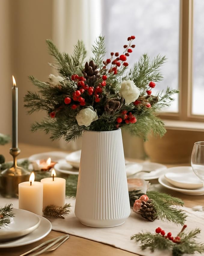White Ceramic Vase, 8 Inch Flower Vases for Pampas Grass and Dried Flowers, Modern Vase for Living Room Table, Kitchen Shelf, Wedding Centerpiece Decor