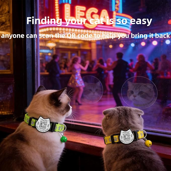 Breakaway Cat Collar with QR Code Tag and Bell (Yellow & Green) | Reflective Nylon, Quick-Release Buckle