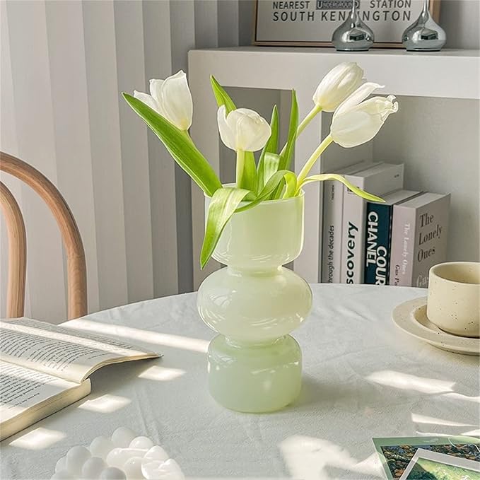 JSPYFITS Glass Hydroponic Flower Vase, 7 Inches Colored Bubble Vase for Flowers, Three-Layer Funky Vase for Home/Office/Weddings/Party Table Flowers Decor, Milky Green