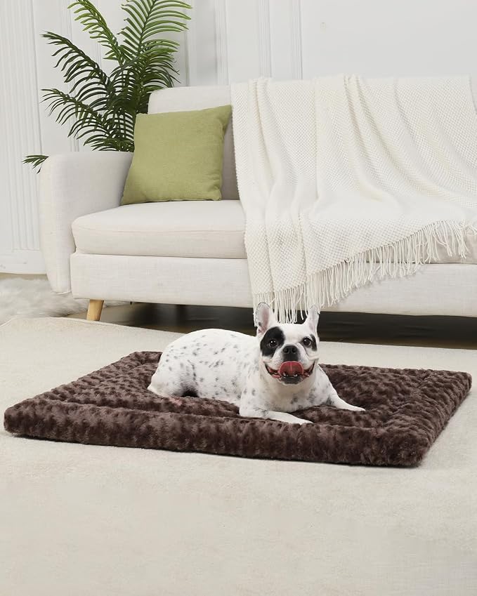 Exsnugy Washable Dog Bed Mat Medium Size Fluffy Pet Crate Pad 36x23 | Non-Slip Bottom Kennel Beds Ultra Soft Comfy Sleeping Mattress for Large Medium Small Dogs Brown