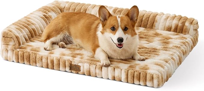 COZY KISS Faux Rabbit Fur Medium Dog Bed – 36"x27" Orthopedic Foam Couch with Sides, Removable Washable Cover & Waterproof Lining, Tie-Dye Brown