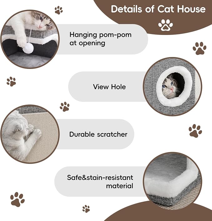 Extra-Wide Cat Houses for Indoor Cats, Large Cat Cave Bed with Fluffy Ball and Scratch Pad, Foldable Covered Kitten Bed for Multiple Cats, 23.6x16x13 inches, Grey