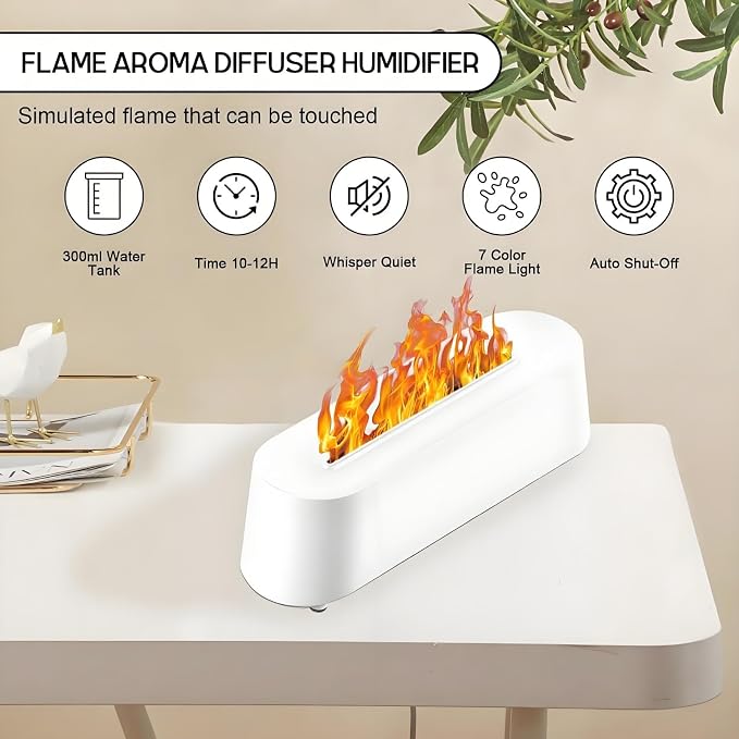 Fireplace Flame Diffuser, Aromatherapy Essential Oil Diffuser, 300ml Cool Mist Ultrasonic Humidifier for Bedroom,Office,Home,Yoga, Timer & Auto Shut-Off, 7 Colorful Night Light (White)