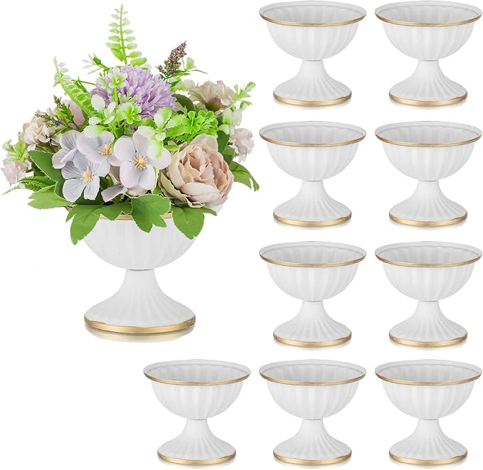 Sziqiqi White Metal Compote Vase, Wedding Centerpiece for Table, 10Pcs | 3.7in Small Flower Arrangement,Mini Pedestal Bowl Urn Vases for Decoration, Home, Wedding, Party, Event, Birthday