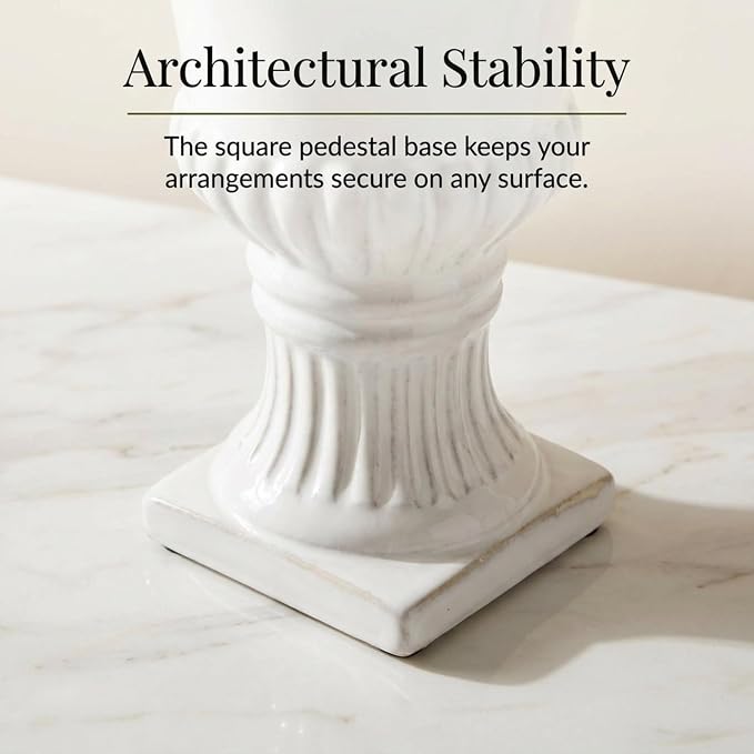 The Bridge Collection White Porcelain Greek Pedestal Urn Planter Vase | Antique Style Plant Pot Garden Accessory for Contemporary Cottage Vintage Decor Indoor Outdoor Home Decoration
