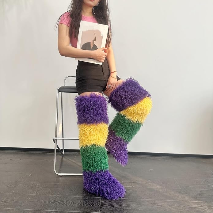 SWEETHEART BEAUTY Thigh High Shagy Teddy Fur Boots, 29 Inch Over the Knee Length Fluffy High Boots, Tall Furry Shoes For Women