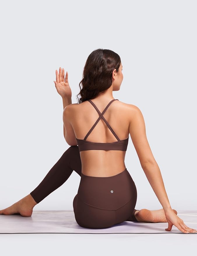 CRZ YOGA Butterluxe Deep V-Neck Sports Bras for Women - Spaghetti Strap Criss Cross Padded Top Low Coverage Wireless Yoga