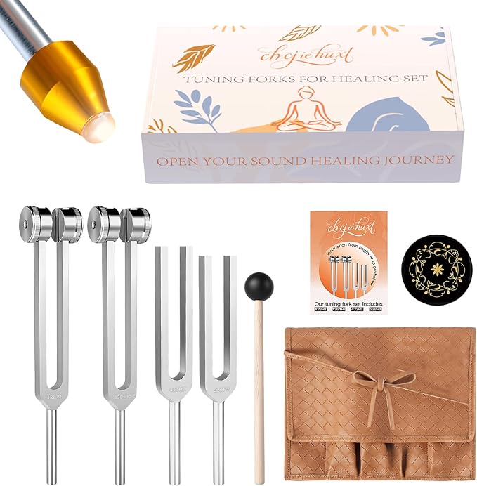 Tuning Forks for Healing(128Hz, 136.1Hz, 432Hz, 528Hz),Medical-Grade Weighted & Unweighted Tuning Forks Set with Vegan Leather Pouch &Activator, for Chakra/Sound Therapy/Yoga/Meditation