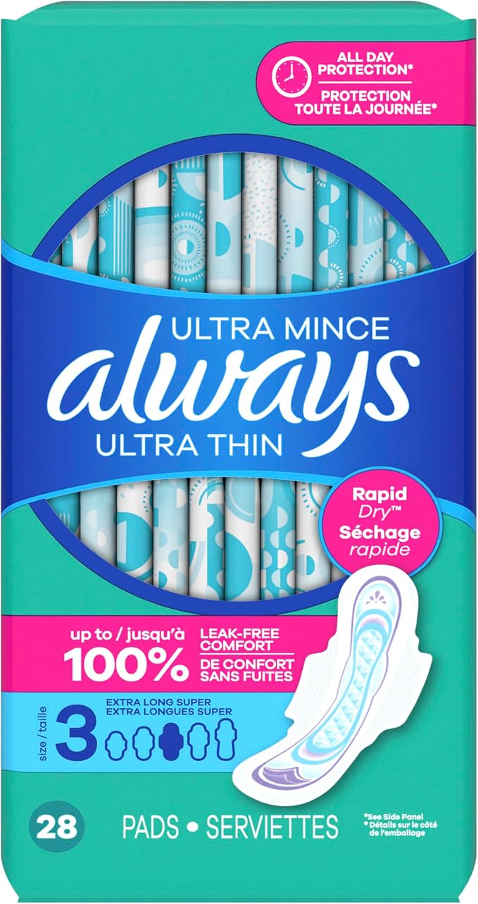 Always Ultra Thin Size 3 Extra Long Super Pads with Wings Unscented, 28 Count