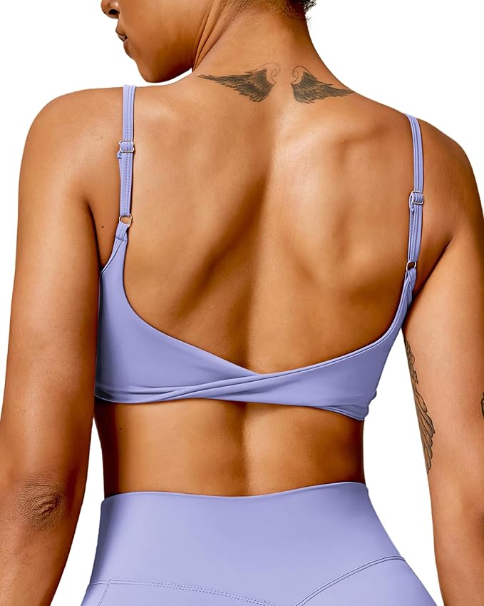QUOJIZY Sports Bras for Women Open Back Workout Tops for Women Yoga Bra Spaghetti Straps Twist Back