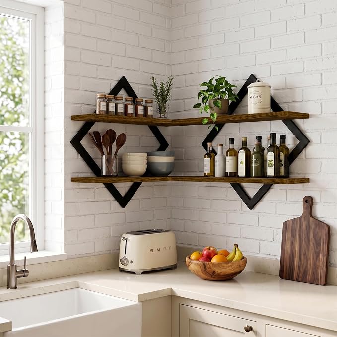 Floating Shelves for Wall, Set of 2 Wall Shelves, 2-Tier Hanging Shelve | Wood & Metal Wall Mounted Display Shelves, Decorative Wall Shelves for Living Room, Bedroom, Kitchen & Bathroom, Rustic Brown
