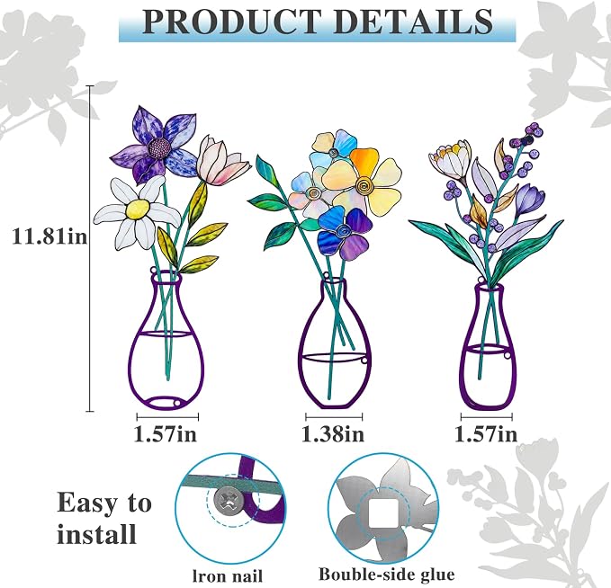 3 Pcs Metal Flowers Wall Arts,Metal Vase Wall Art,Iron Art Painting,Rustic Farmhouse Decor Minimalist Flower Wall Decor for Bedroom Bathroom Living Room Dining Room (Set F)