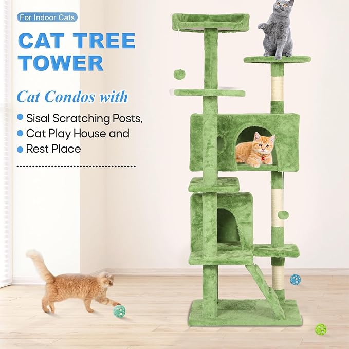 FDW | 54" Cat Tree Tower | Green | Multi-Level Indoor Activity Center with Sisal Scratching Posts, Condos, Plush Perches, Hanging Cat Toys | Sturdy, Easy to Assemble | for Kittens & Adult Cats