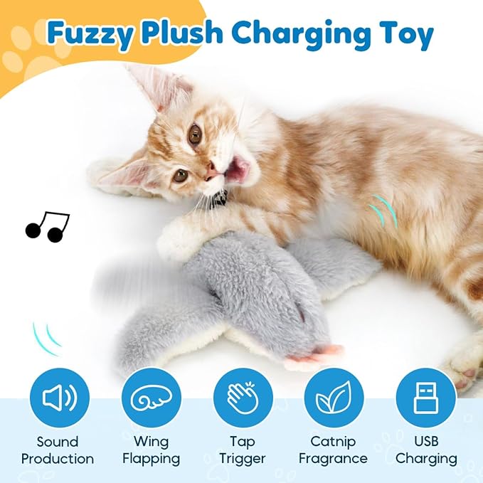 Interactive Chirping Bird Cat Toys with Flapping Wings,No Flying Birds Cats Toy, Flying Simulation Electric Sparrow Shaking Hunting Pet Toy for Indoor (Blue Ugly)