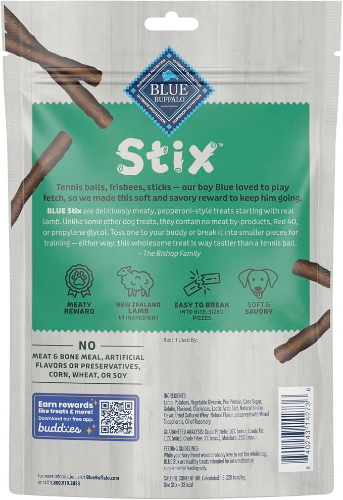Blue Buffalo Stix Lamb Pepperoni-Style Dog Treats, 5 oz, 6 ct | Real Lamb #1 Ingredient, Soft & Easy to Tear, Developed by Veterinarians & Nutritionists, Great for Training