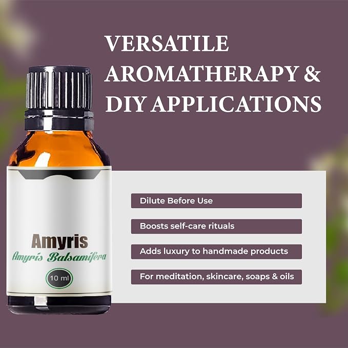 Amyris Essential Oil – 100% Natural Steam-Distilled Amyris Balsamifera Oil from Haiti – Warm Woody Balsamic Aroma for Diffusers, Candles, Perfumes, Massage Blends, Skincare & Aromatherapy – 10 ml