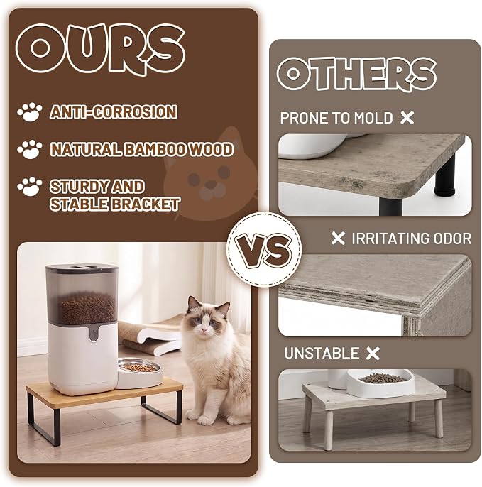 Bamboo Wood Cat Food Stand for Automatic Cat Feeder and Bowls | Non-Slip Metal Frame Elevated Cat Bowls Stand 15.7'' x 9.1'' Tabletop Fit Most Automatic Feeders, Raises Feeder/Bowl by 3.5''
