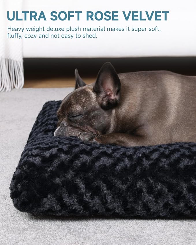 KSIIA Washable Dog Bed Small Dog Crate Bed Deluxe Plush Mat 23"x18" Black | Deluxe Plush Comfy Kennel Pad, Anti-Slip Bottom,Deep Sleeping Mat for Small Dogs,Machine Washable for Easy Cleaning