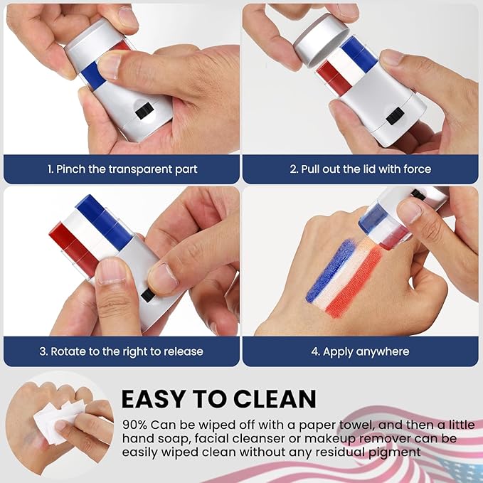 Red White and Blue Face Body Paint Sticks- Patriotic Pride 4th of July Accessories for Women, Eye-Black Stick Baseball Softball Sports Makeup, Fourth of July USA Accessories for Independence Day