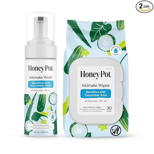 The Honey Pot Company - Feminine Wash & Feminine Wipe Bundle - Includes Ph Balance Feminine Wash and Wipes for Women - Herbal Infused Feminine Care Products - Cucumber Aloe