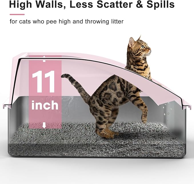 AIPERRO Stainless Steel Litter Box | XL Metal Cat Litter Boxes with Lid | Enclosed High Sided for Big Cats | Anti-Urine Leakage, Non-Stick, Easy to Clean with Litter Mat & Metal Scoop | Cute Pink