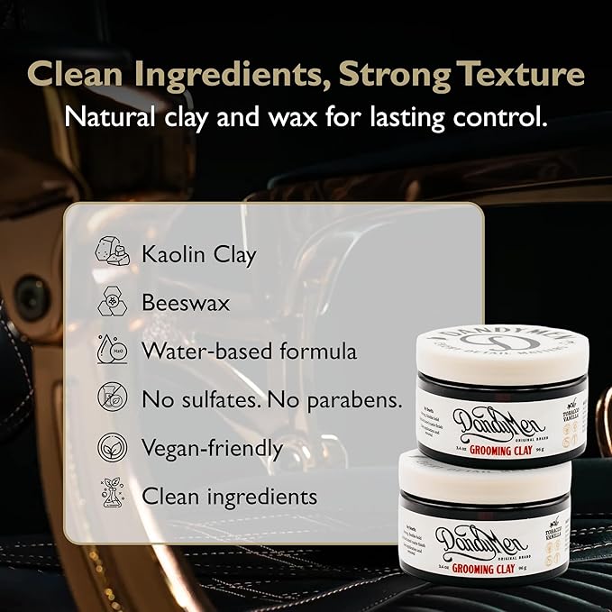 DandyMen Grooming Clay – Strong Hold, Natural Matte Finish, and Flexible Styling with Kaolin Clay & Beeswax – Tobacco Vanilla Scent – 3.4 oz (2-pack)
