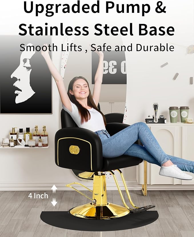 Baasha Black & Gold Reclining Salon Chair with Removable Headrest, Memory Foam Cushion, Heavy-Duty Hydraulic Barber Chair, Soft PU Leather, 440 lbs Capacity, for Haircut & Styling