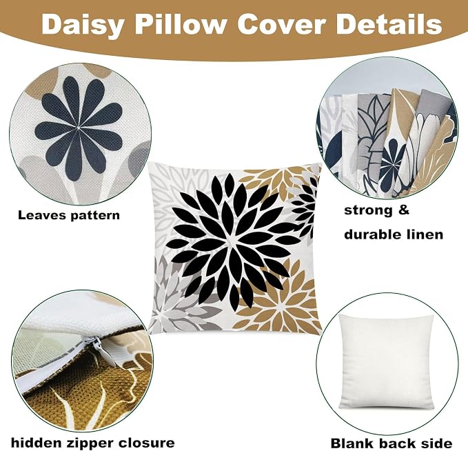 Brown Black Throw Pillow Covers 18x18 Set of 6, Neutral Floral Home Decor | daisy Floral, decorative cushion cover, Breathable Linen, standard Throw Pillow Size, modern Couch Sofa Living Room