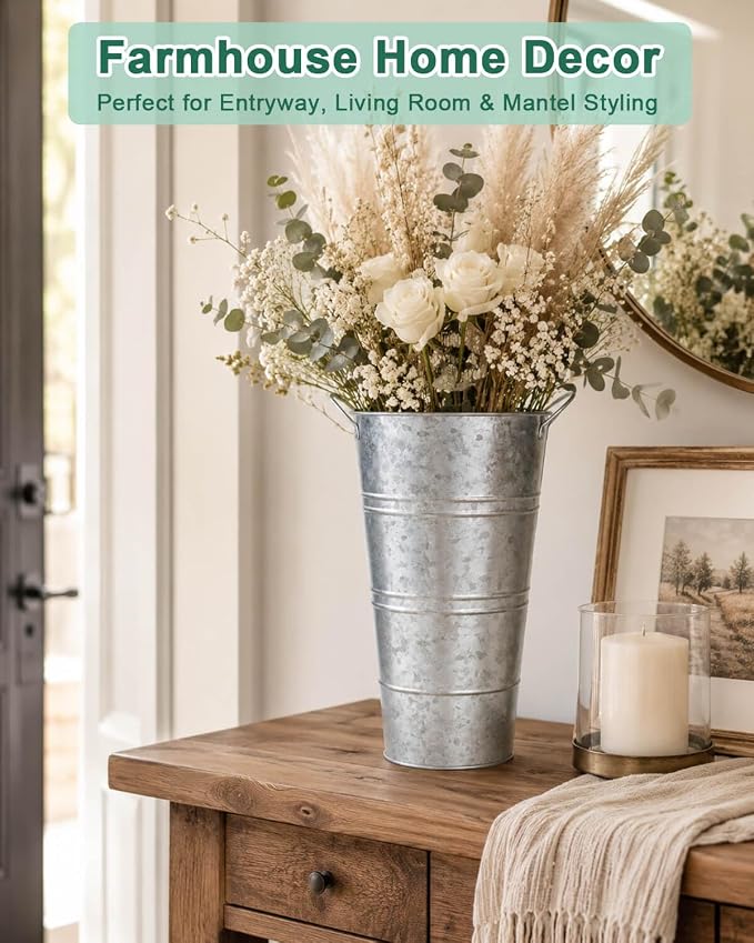 12 Inch Galvanized Metal Vase, 2 Pack Tall Flower Buckets with Handles | Galvanized metal flower buckets with handles, rustic tall vase design for dried flowers, weddings, farmhouse and home decor.