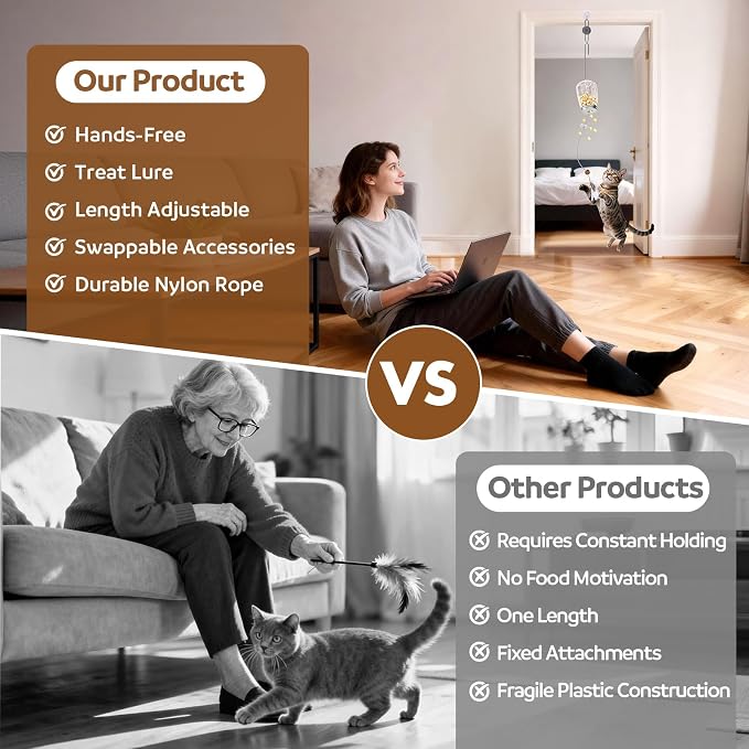 2-in-1 Hanging Cat Toy for Indoor Cats, Interactive Door Hanging Teaser & Treat Dispenser, Self Play Kitten Toy with Feather, Springs & Rope, Boredom Relief for Home Alone Cats