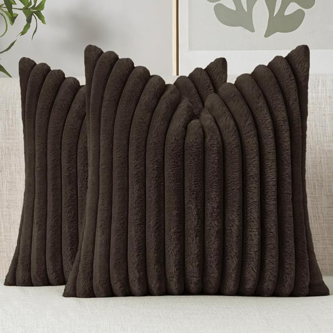 MIULEE Faux Fur Decorative Throw Pillow Covers 18x18 Set of 2 Dark Brown | Modern Fall Soft Plush Couch Pillows, Cozy Fluffy Cushion Covers for Sofa Bed Living Room Home Decor
