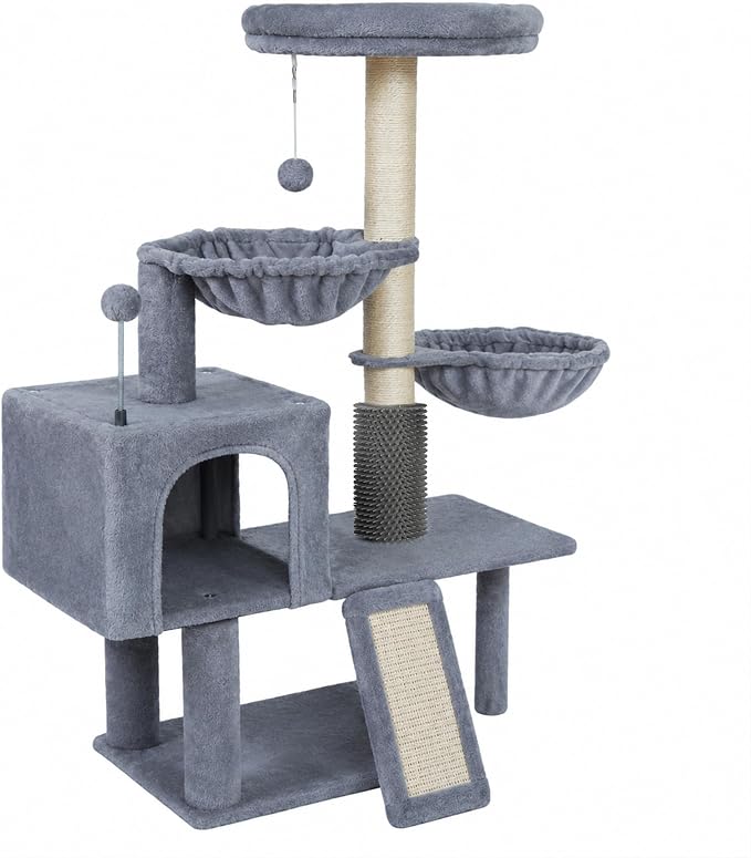 Smouatou Cat Tree with Cat Condo and Two Hammocks, Cat Tower with Scratching Posts and Scratching Pads Cat Toys, Grey