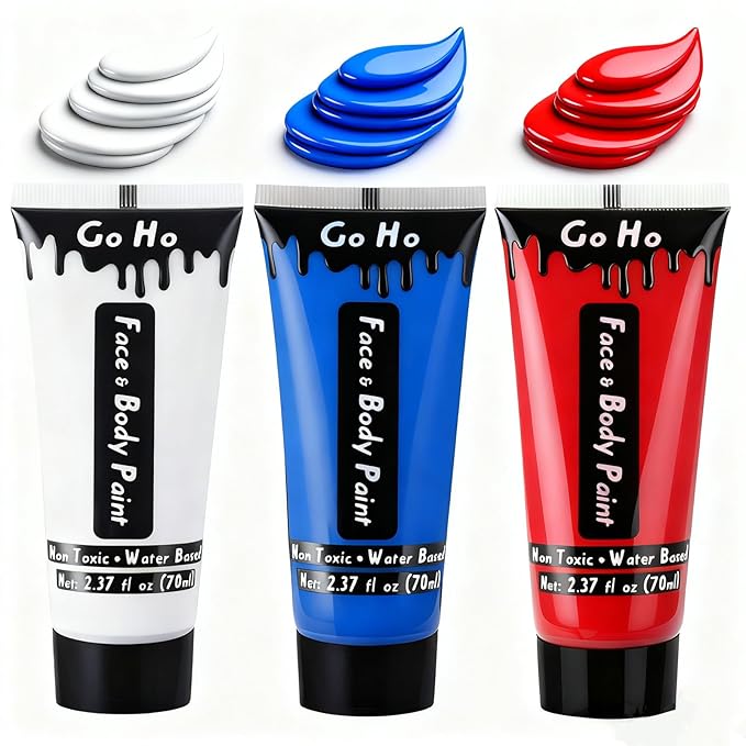 Go Ho Red White and Royal Blue Face Body Paint(2.37 oz) for Halloween Makeup,Cream Water Based Vampire Skeleton Face Paint for Adults Children SFX Cosplay Makeup,4th of July Accessories
