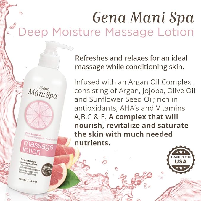 Gena Mani Spa Massage Lotion - Deep Moisturizing Body Lotion for Massages Therapy with Argan Oil, Massage Cream for Hands, Feet & Body, 16 fl oz
