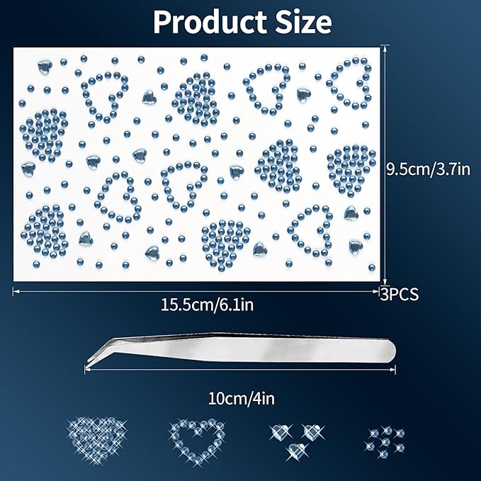 3Sheets Heart Gem Stickers Jewels for Crafts, Face Makeup - Self Adhesive Rhinestone Jewel Stickers, Stick on Gems Rhinestones for Crafts, Craft Supplies for Kids (04.Light Blue Heart)
