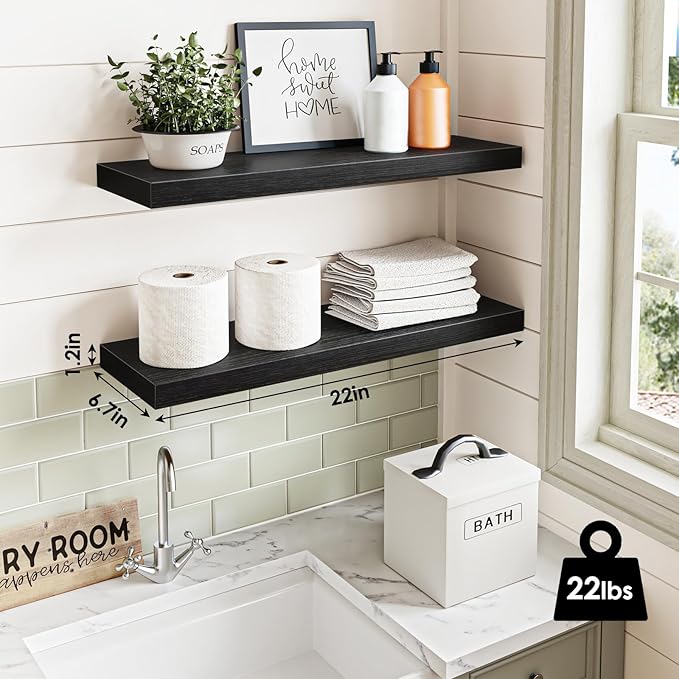 Fixwal Floating Wall Shelves for Decor (Black, Set of 2, 22Inch) | MDF Shelf with Metal Brackets, Space Saving for Books , Decor, Fits Bathroom, Kitchen, Bedroom, or Office